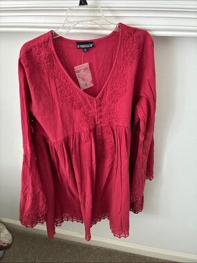 The Pyramid Collection Rose-Red Embroidered V-Neck Tunic
